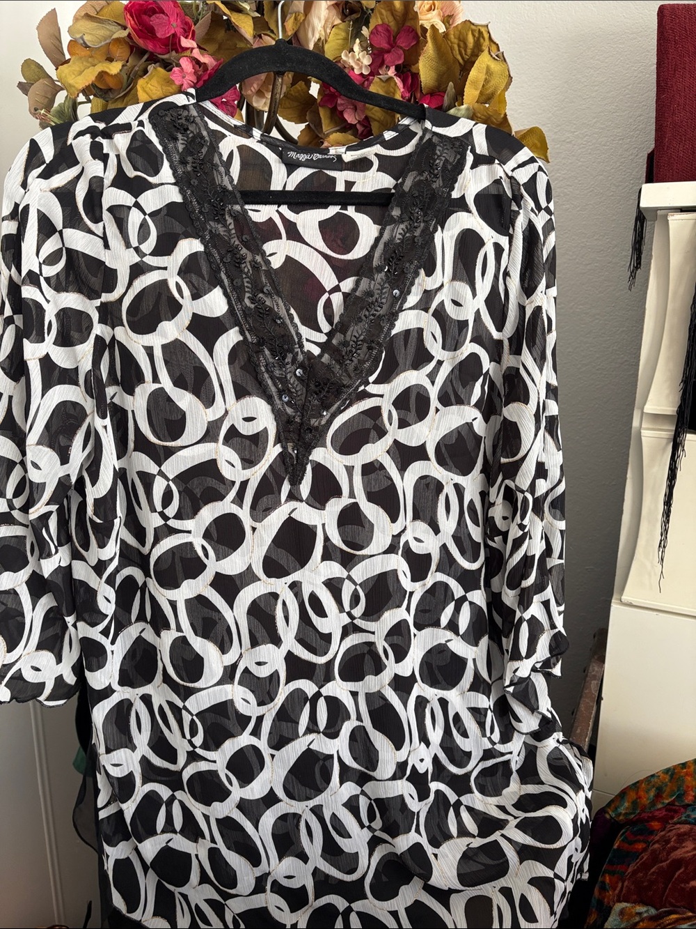 Maggie Barnes Black & White Circle-Print V-Neck Tunic with Lace Trim